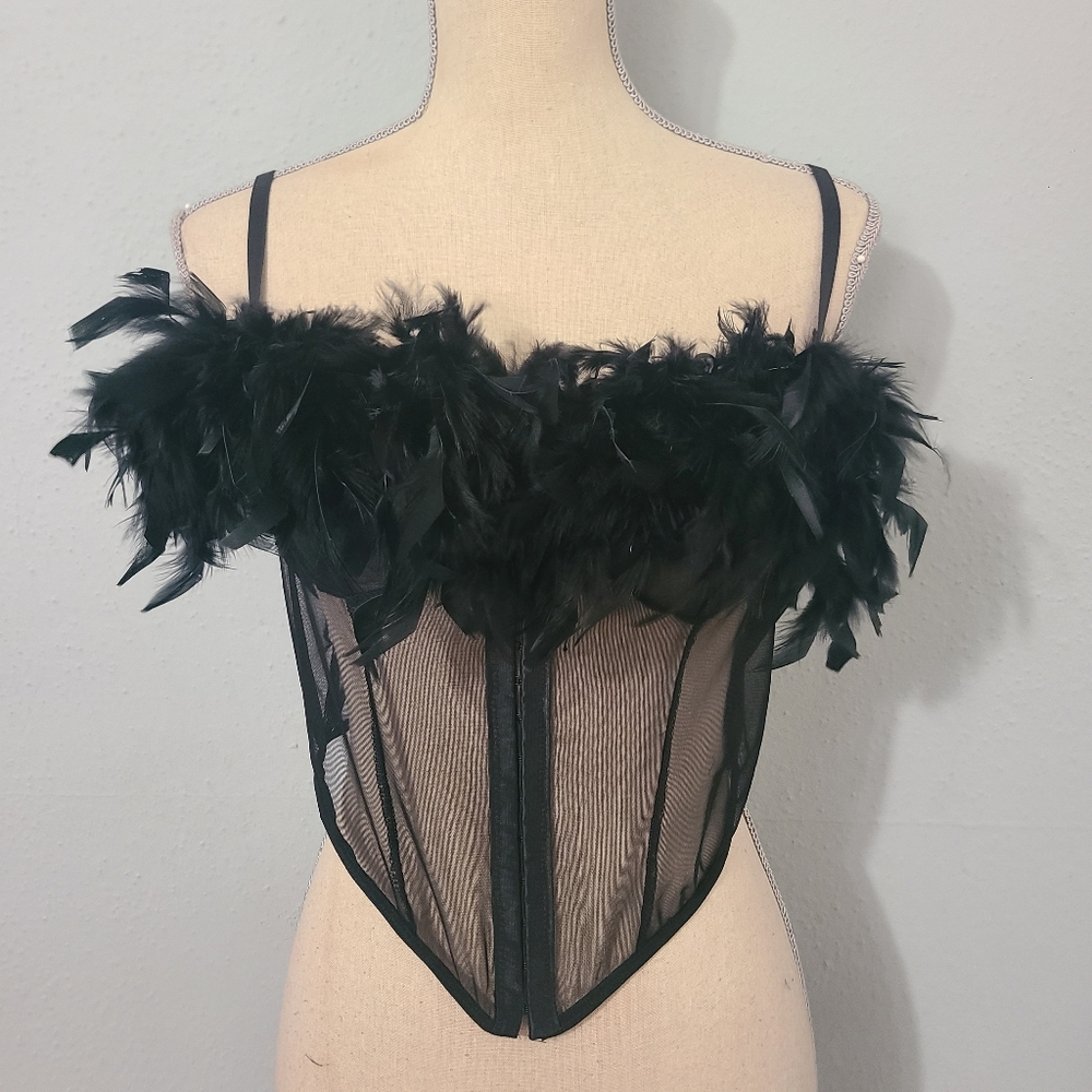 MyBoo Mesh Corset Crop Top Detachable Feather Trim NWOT Size 2XL